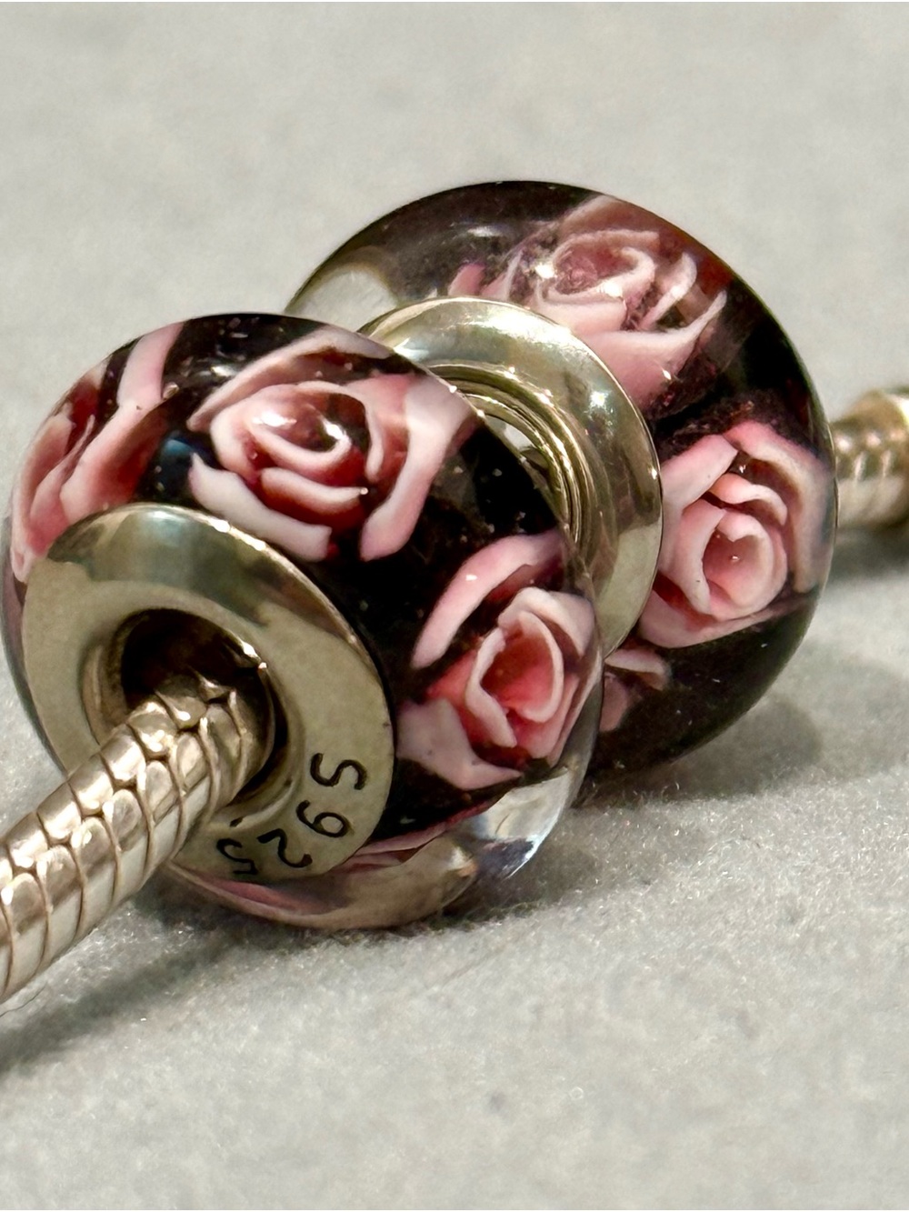Black Murano charms set with Pink Rose design fit Pandora bracelets - Picture 3 of 4